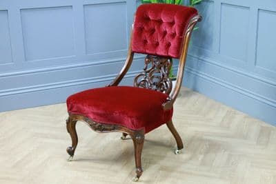 Antique Victorian Carved Fretwork Velvet Buttoned Back Walnut Nursing Chair 1860
