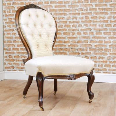 Antique Victorian Carved Walnut Upholstered Buttoned Back Ladies Chair Fireside
