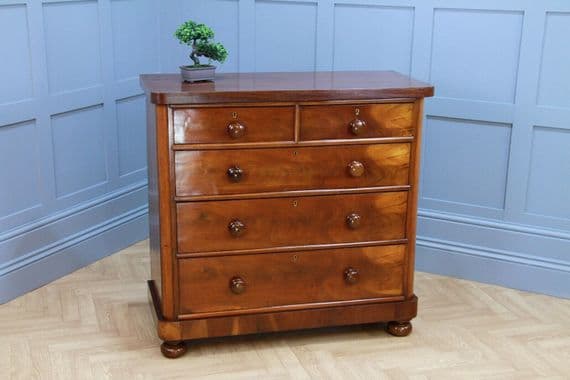 Antique Victorian Flame Grain Cuban Mahogany Chest of 5 Drawers Original C1880