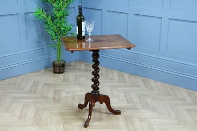 Antique Victorian Flame Grain Mahogany Barley Twist Tilt Top Tripod Wine Table