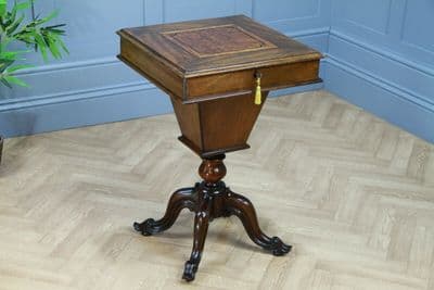 Antique Victorian Mahogany & Burr Yew Wood Inlaid Sewing Table Side Lamp C1860