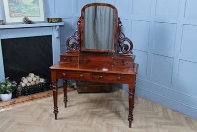 Antique Victorian Mahogany Grand 4 Drawer Carved Dressing Table Vanity With Mirror C1870