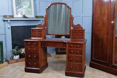 Antique Victorian Mahogany Grand Breakfront Pedestal Dressing Table With Mirror