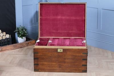 Antique Victorian Oak Campaign Silverware Trunk Travel Chest Coffee Table C1870