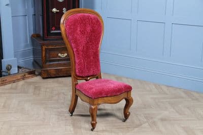 Antique Victorian Tall Balloon Buttoned Back Walnut Upholstered Nursing Chair