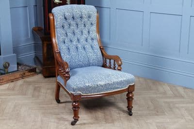 Antique Victorian Upholstered Buttoned Back Mahogany Lounge Fireside Arm Chair C1880