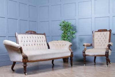 Antique Victorian Walnut Carved 2 Piece Salon Suite Sofa Chair Upholstered C1870