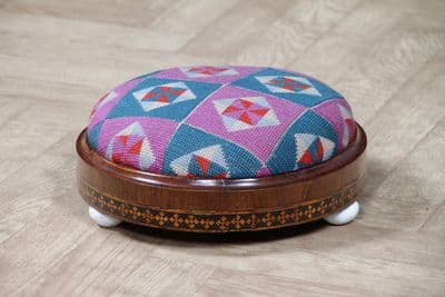 Antique Victorian Walnut Inlaid Tunbridge Ware Needlepoint Kilim Geometric Tapestry Footstool