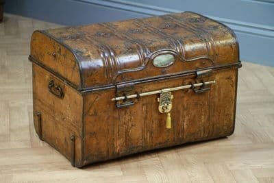 Antique Vintage Jones Bros Travel Chest Steamer Trunk Metal Locking Strong Box