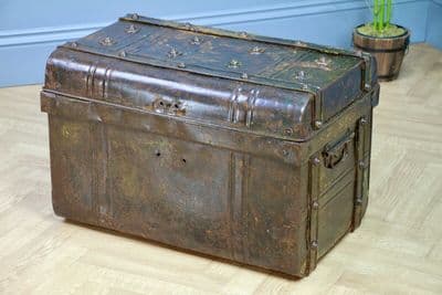 Antique Vintage Metal Travel Chest Steamer Trunk Rustic Box Coffee Table