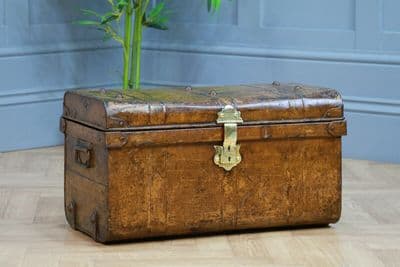 Antique Vintage Small Scrumbled Metal Travel Chest Steamer Trunk Box