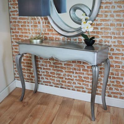 Antiqued Metallic Silver Console Hall Table Contemporary Unique Distressed Louis