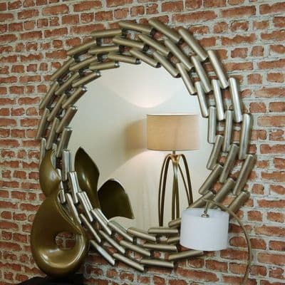 Contemporary Lanthe Champagne Silver Leaf Large Round Wall Hanging Mirror Unique