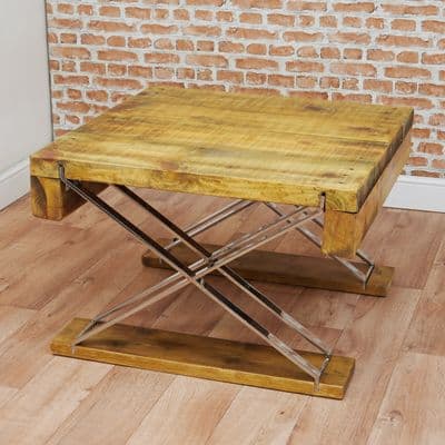 Industrial Reclaimed Pine Coffee Table With Stainless Steel X Frame Scissor Base