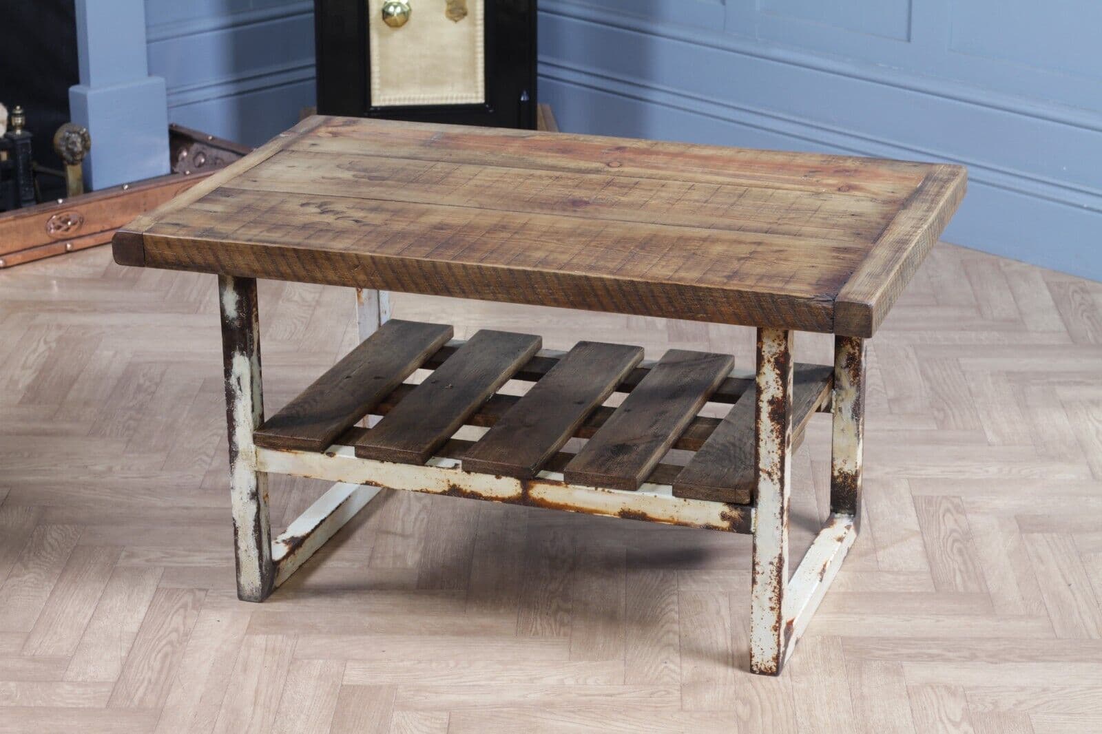 Industrial Rustic Pine & Metal Coffee Table Up-cycled Reclaimed Vintage