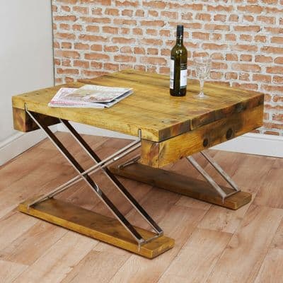 Industrial X Frame Stainless Steel & Reclaimed Wood Handmade Coffee / Sofa Table