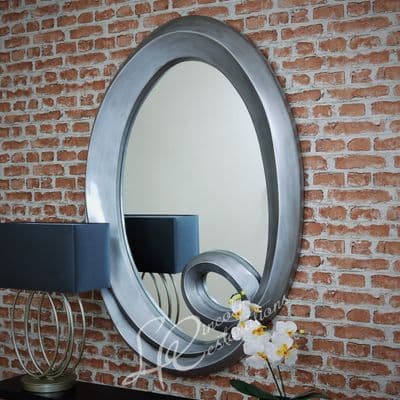 Large Antiqued Metallic Silver Oval Mirror Portrait Wall Hanging Distressed