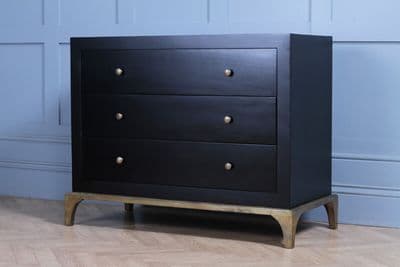 New Navan Ebonised Black & Antique Brass Chest of 3 Drawers Solid Mahogany Military Style