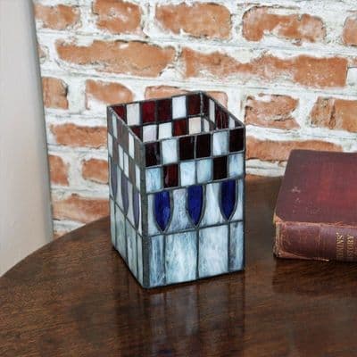 New Tiffany Stained Glass Red & Blue Table Tea Lamp / Vase Candle Art deco