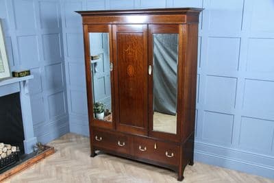 Original Antique Edwardian Inlaid Mahogany Double Wardrobe With Drawers, Mirrors