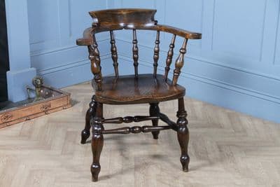 Original Antique Victorian Beech & Elm Smokers Bow Elbow Chair Captains Armchair