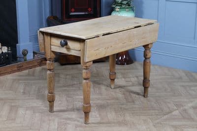 Original Antique Victorian Pine Scrub Top Drop Leaf Pembroke Table With Drawer