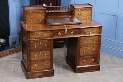 Outstanding Antique Victorian Solid Walnut Maple & Co Dickens 15 Drawer Writing Desk With Keys C1890