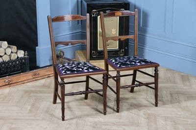 Pair of Antique Edwardian Mahogany Silk Upholstered Inlaid Bedroom Chairs C1900