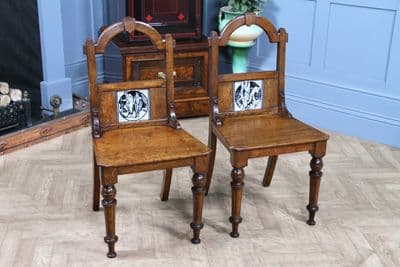 Pair of Antique Victorian Arts & Crafts Oak Hall Chairs With Minton Tiles C1870