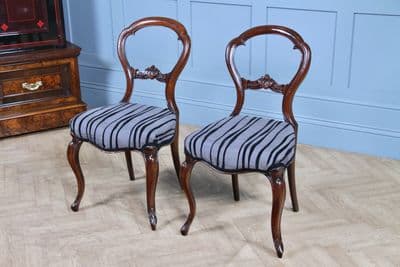 Pair of Antique Victorian Walnut Balloon Back Dining Occasional Chairs on Cabriole Legs C1880
