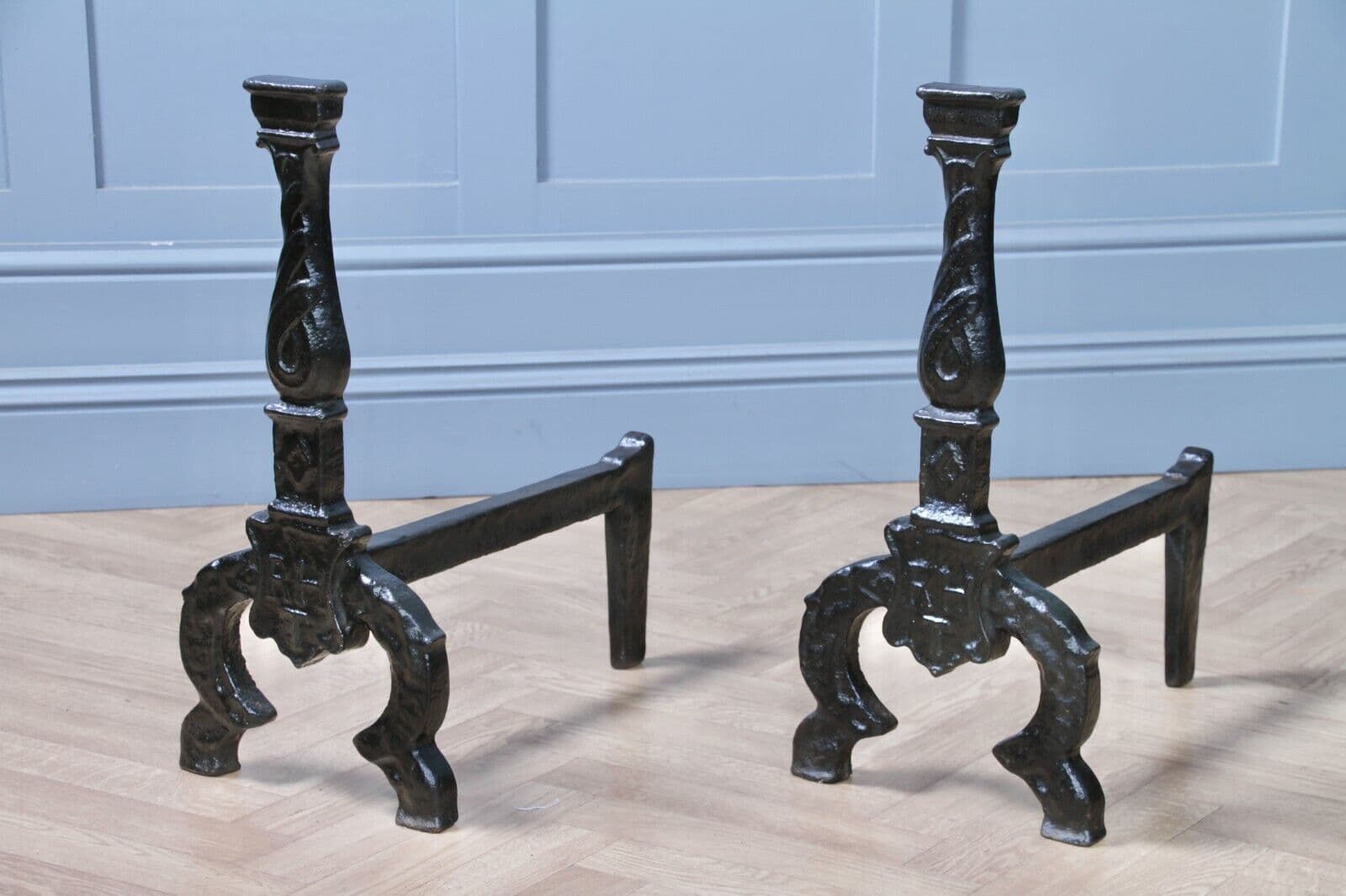 Pair Of Heavy Antique Fireside Andirons Black Cast Iron Fire