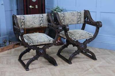 Pair of Oak Curule Dante X-Frame Austro-Hungarian| Renaissance Revival Armchairs