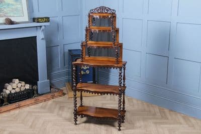 Rare Antique Victorian Walnut Hollow Barley Twist 6 Tier Whatnot Display Shelf