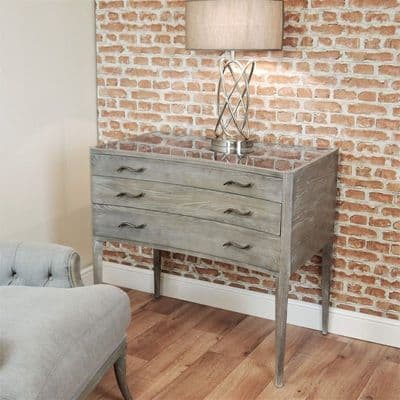 RV Astley Adelia Contemporary Grey Chest of 3 Drawers Glass Top Limed Distressed