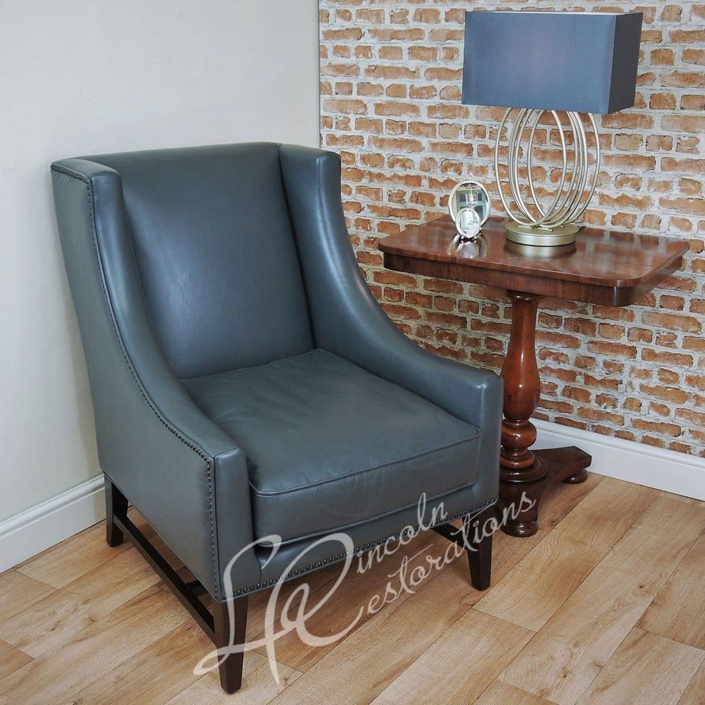 RV Astley Bella Armchair Antiqued Grey Genuine Leather Walnut Fireside