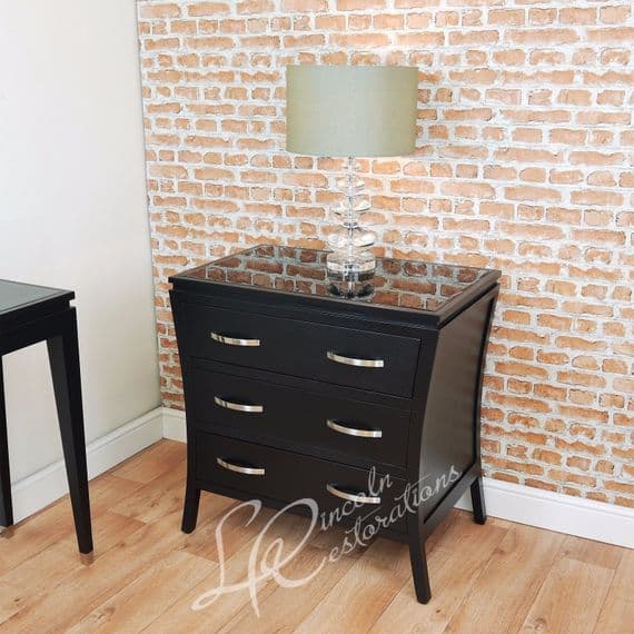 RV Astley Modena Black Chest of 3 Drawers With Beveled Glass Top Contemporary