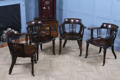 Set of 4 Antique Edwardian Oak Captains Chairs Smoker’s Bow Desk Armchairs C1910