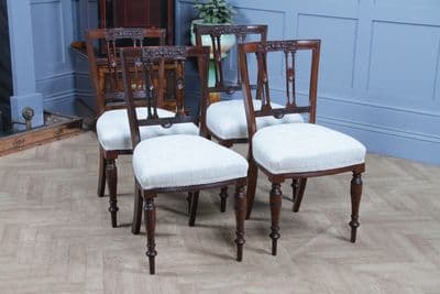Set of 4 Antique Original Edwardian Carved Walnut Upholstered Dining Chairs 1910