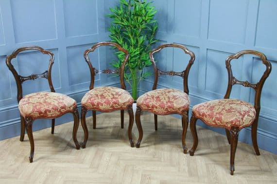 Set of 4 Antique Original Victorian French Walnut Crown Back Dining Chairs C1880