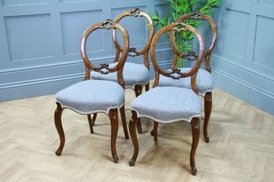 Set of 4 Antique Victorian Walnut Balloon Back Dining Chairs Cabriole Original