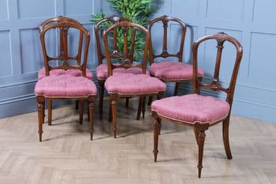 Set of 6 Antique Late Victorian Walnut Carved Crown Splat Back Dining Chairs