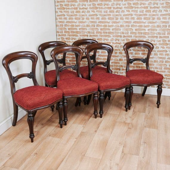 Set of 6 Antique Original Victorian Mahogany Crown / Balloon Back Dining Chairs