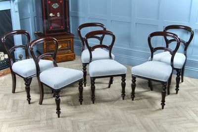 Set of 6 Antique Victorian Mahogany Balloon Back Dining Chairs Re-Upholstered C1860