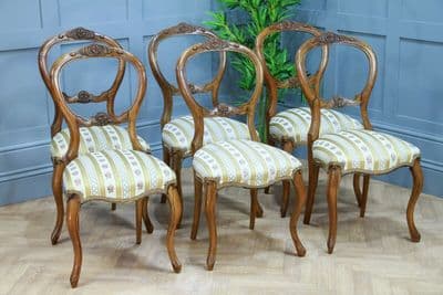 Set of 6 Antique Victorian Walnut Balloon Back Dining Chairs Cabriole Original