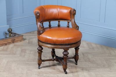 Victorian Oak Revolving Swivel Leather Captains Arm Chair Library Office Desk