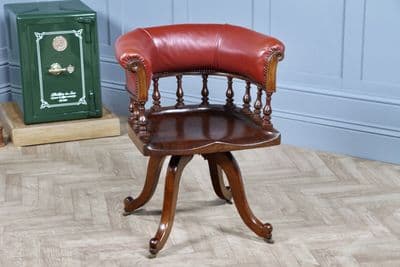 Victorian Walnut Revolving Leather Captains Arm Chair Library Office Desk Tub