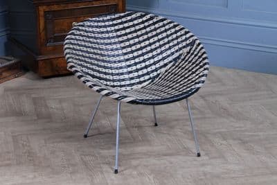 Vintage 1960s Sputnik Bucket Chair Retro Black Woven Silver Frame Lounge Accent