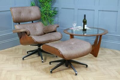 Vintage 80's Eames Inspired Walnut Lounge Chair & Stool Restored Aniline Leather