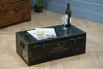 Vintage Antique Army Military Travel Chest Steamer Trunk Metal Box Coffee Table
