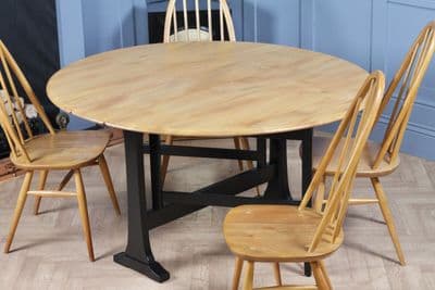 Vintage Ercol Windsor Blonde Elm & Black Painted Base Drop Leaf Gate leg Dining Table Model 610